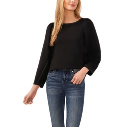 Womens Long Sleeve Puff Sleeve Blouse with Topstitching
