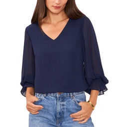 Womens Solid-Color V-Neck Blouson-Sleeve Top