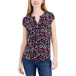 Womens Ditsy Floral Cap-Sleeve Top