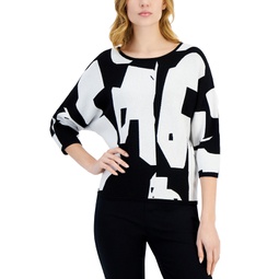 Womens Abstract Print 3/4-Sleeve Crewneck Sweater