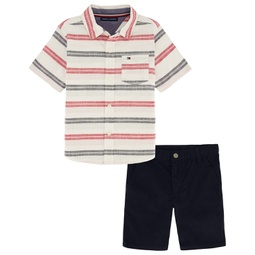 Toddler Boys Prewashed Multi Stripe Short Sleeve Shirt and Twill Shorts 2 Piece Set