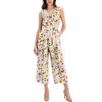 Womens Floral-Printed Linen-Blend Faux-Wrap Jumpsuit