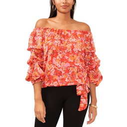 Womens Floral Off The Shoulder Bubble Sleeve Tie Front Blouse