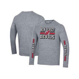 Mens Heather Gray Distressed New Jersey Devils Tri-Blend Dual-Stripe Long Sleeve T-shirt
