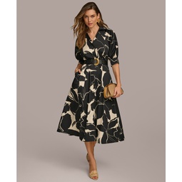 Womens Printed Faux-Leather Belt Shirtdress