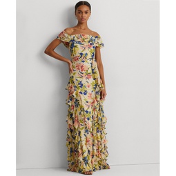 Womens Ruffled Floral Off-The-Shoulder Gown