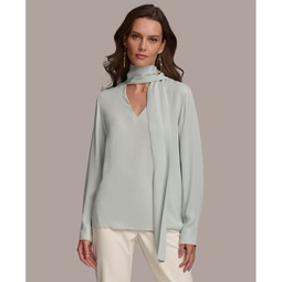 Womens Long Sleeve Tie-Neck Blouse