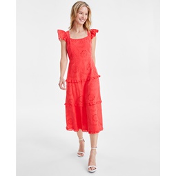 Womens Cotton Scoop-Neck Flutter-Sleeve Dress