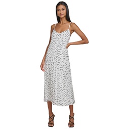 Womens Polka-Dot Pleated A-Line Dress