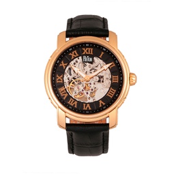 Kahn Automatic Skeleton Rose Gold Case Genuine Black Leather Watch 45mm