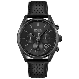 BOSS Mens Chronograph Champion Black Perforated Leather Strap Watch 44mm