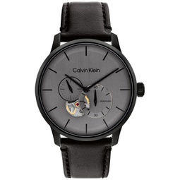 Mens Automatic Timeless Black Leather Strap Watch 42mm