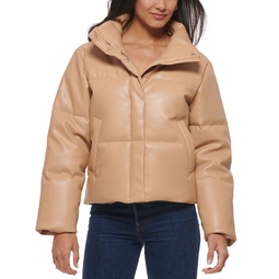 Womens Faux-Leather Short Puffer Jacket