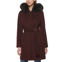 Womens Belted Faux-Fur-Trim Hooded Coat
