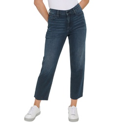 Womens High-Rise Straight-Leg Raw-Hem Jeans