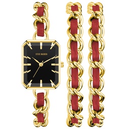 Womens Gold-Tone Alloy Chain with Red Insert Bracelet Watch Set 22mm