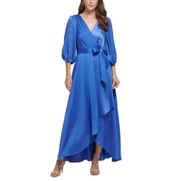 3/4-Sleeve Belted Faux-Wrap Gown