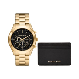 Mens Slim Runway Quartz Chronograph Gold-Tone Stainless Steel Watch 44mm and Slim Card Case Set