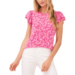 Womens Ruffle Sleeve Floral-Printed Knit Top