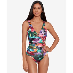 Womens Printed Ring-Trim One-Piece Swimsuit