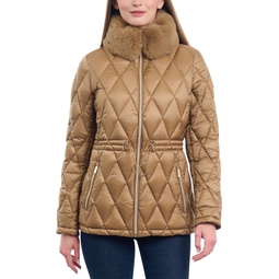 Womens Quilted Faux-Fur-Collar Anorak Puffer Coat