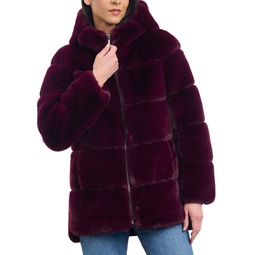 Womens Petite Hooded Faux-Fur Coat