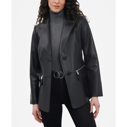 Womens Zip-Pocket Leather Blazer Coat