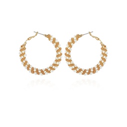 Gold-Tone Twisted Spiral and White Beaded Hoop Earrings