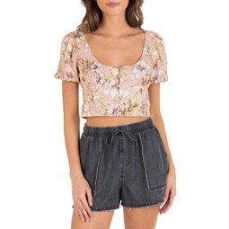 Juniors Lily Floral-Print Bubble-Sleeve Cropped Top