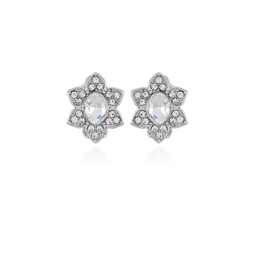Silver-Tone Clear Glass Stone Flower Stud Clip-On Earrings