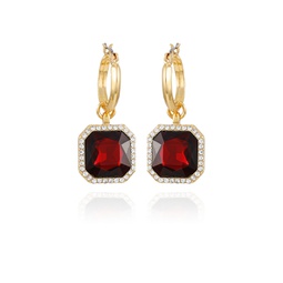 Gold-Tone Dark Red Glass Stone Hoop Drop Earrings