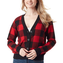Womens Buffalo Plaid Jacquard Button-Front Cardigan Sweater