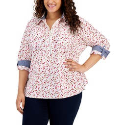 Plus Size Confetti-Heart Roll-Tab-Sleeve Cotton Top