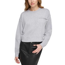 Womens Zippered-Pocket Dropped-Sleeve Sweatshirt
