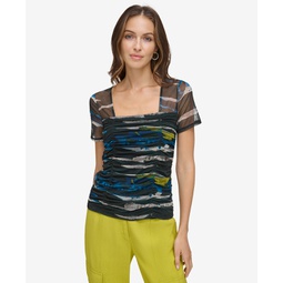 Womens Printed Ruched-Front Sheer-Sleeve Mesh Top