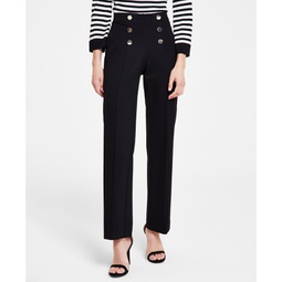 Womens Pull-On Button-Detail High Rise Pants