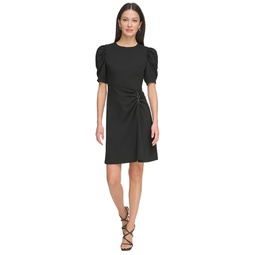 Womens Puff-Sleeve Ruched Dress