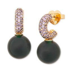 Gold-Tone Imitation Pearl Charm Pave Huggie Hoop Earrings