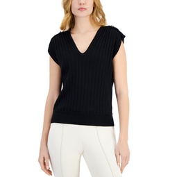 Womens V-Neck Ribbed Button-Shoulder Cap-Sleeve Sweater