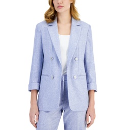 Womens 3/4-Rolled-Sleeve Notched-Collar Open-Front Blazer