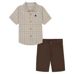 Little Boys Plaid Short Sleeve Button-Up Shirt and Twill Shorts 2 Piece Set
