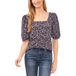 Womens Floral Print Square Neck Puff-Sleeve Knit Top