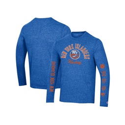 Mens Heather Royal Distressed New York Islanders Multi-Logo Tri-Blend Long Sleeve T-shirt