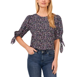 Womens Ditsy Floral Crewneck 3/4-Tie Sleeve Blouse
