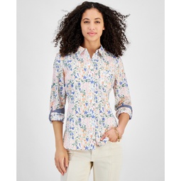 Womens Sea Garden Cotton Roll-Tab-Sleeve Shirt