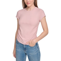 Womens Short-Sleeve Side-Ruched Crop Top