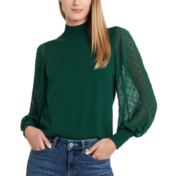 Womens Mock Neck Clip Dot Sheer Long Sleeve Sweater