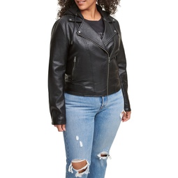 Plus Size Trendy Hooded Faux Leather Moto Jacket