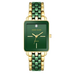 Womens Three-Hand Quartz Rectangular Gold-Tone Alloy with Green Ceramic Bracelet Watch 26mm