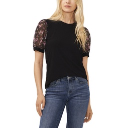 Womens Mixed Media Puff Sleeve Bouquet Knit Top